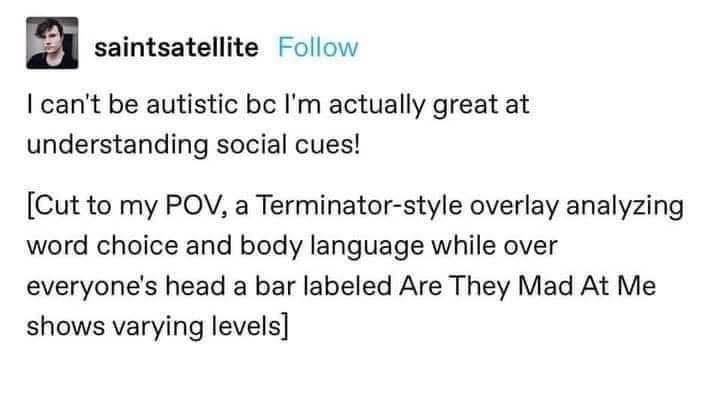 Me pretending to be good at social cues, but my brain is actually running a Terminator-style social analysis program for everyone around me.