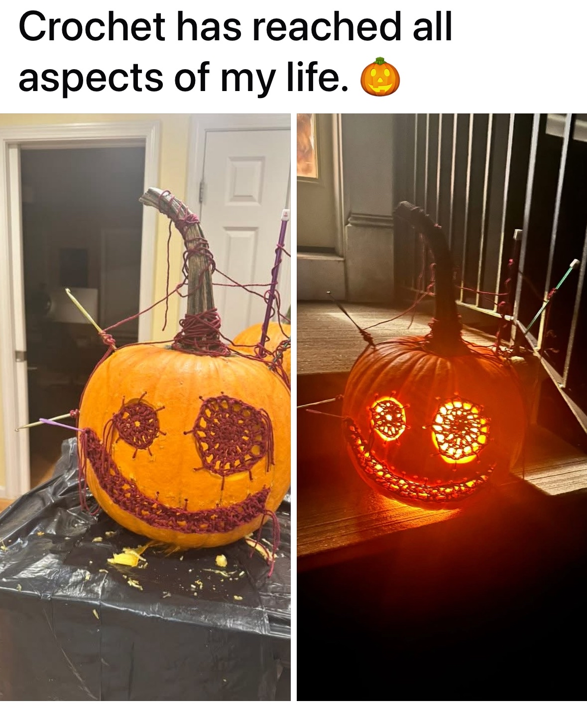 When you combine your love for crochet and Halloween and it results in this spooky pumpkin art