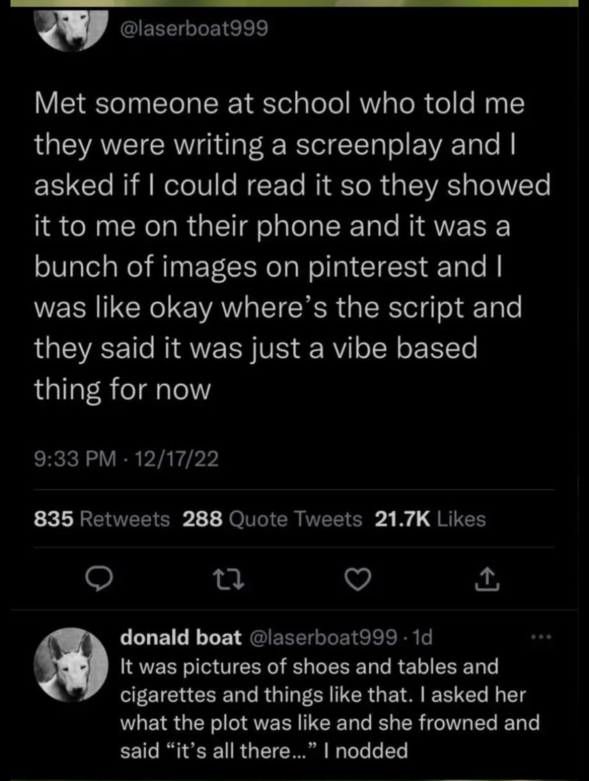 Someone tried to show me their screenplay which turned out to be just a Pinterest board of shoes and tables.  Then they said the plot was implied.
