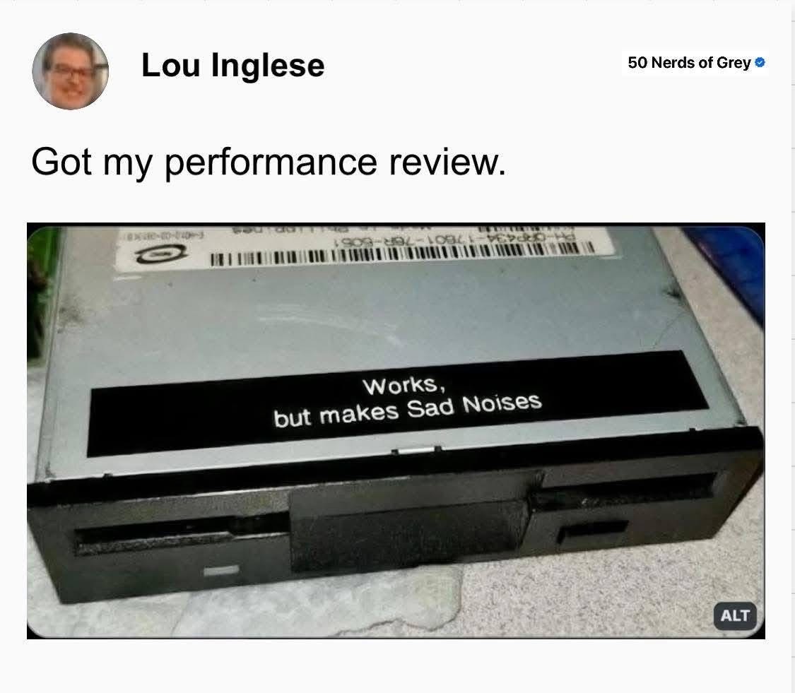 My performance review basically said 'works, but makes sad noises'