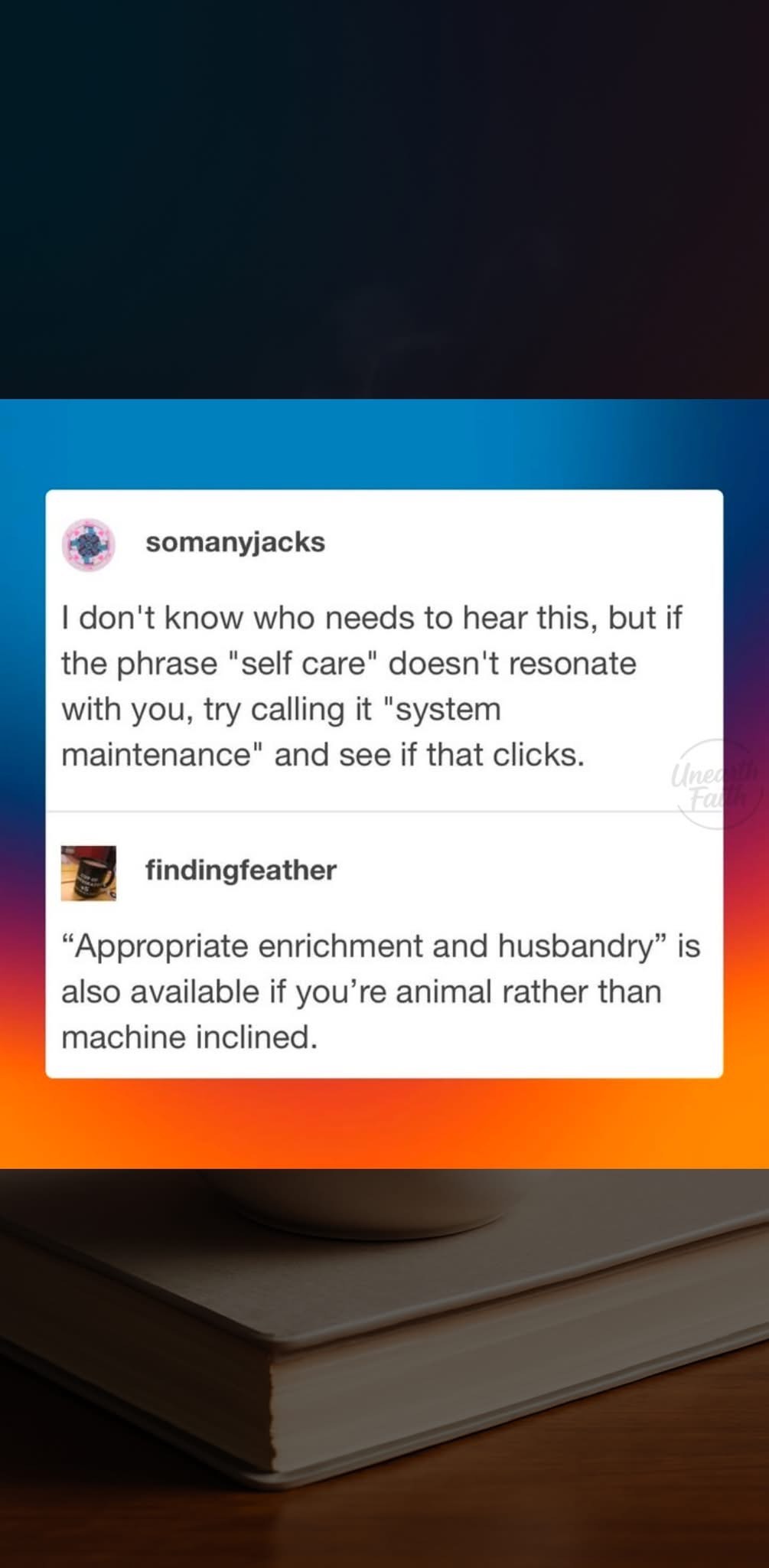 So basically self-care is just system maintenance if you're more machine than animal lol