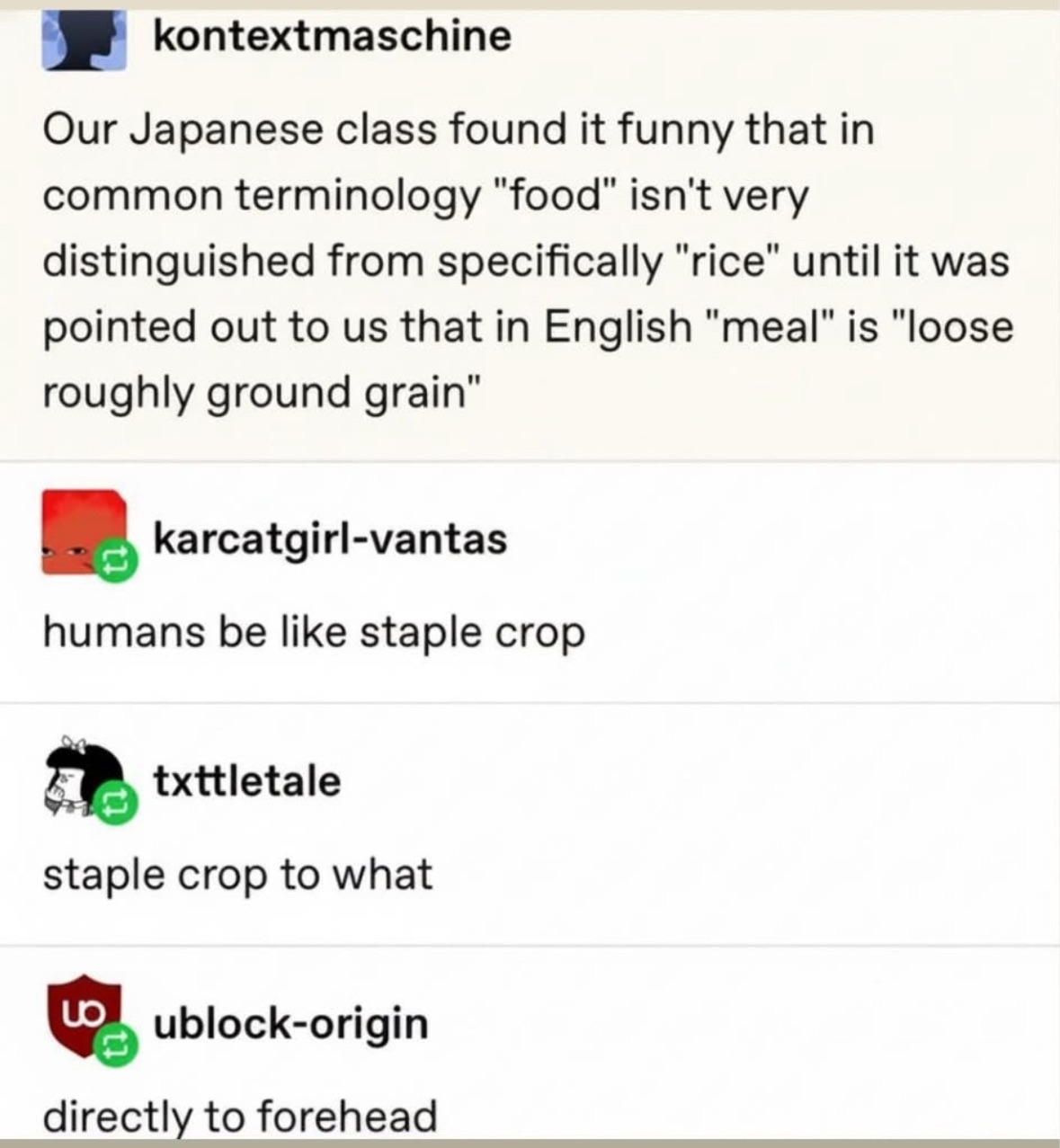 My brain cells trying to grasp a concept: 'staple crop to what... directly to forehead'
