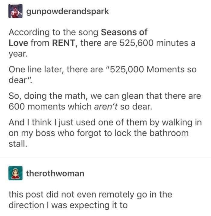 Someone calculated there are 600 not-so-dear moments in a year and then immediately used one by walking in on their boss in the bathroom. LOL.