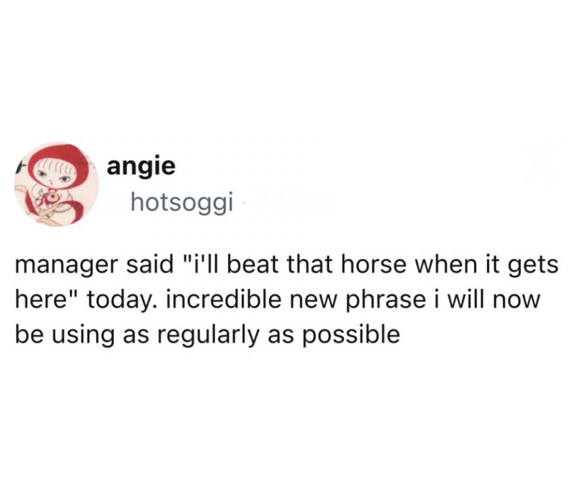 My manager said 'i'll beat that horse when it gets here' and honestly, same.
