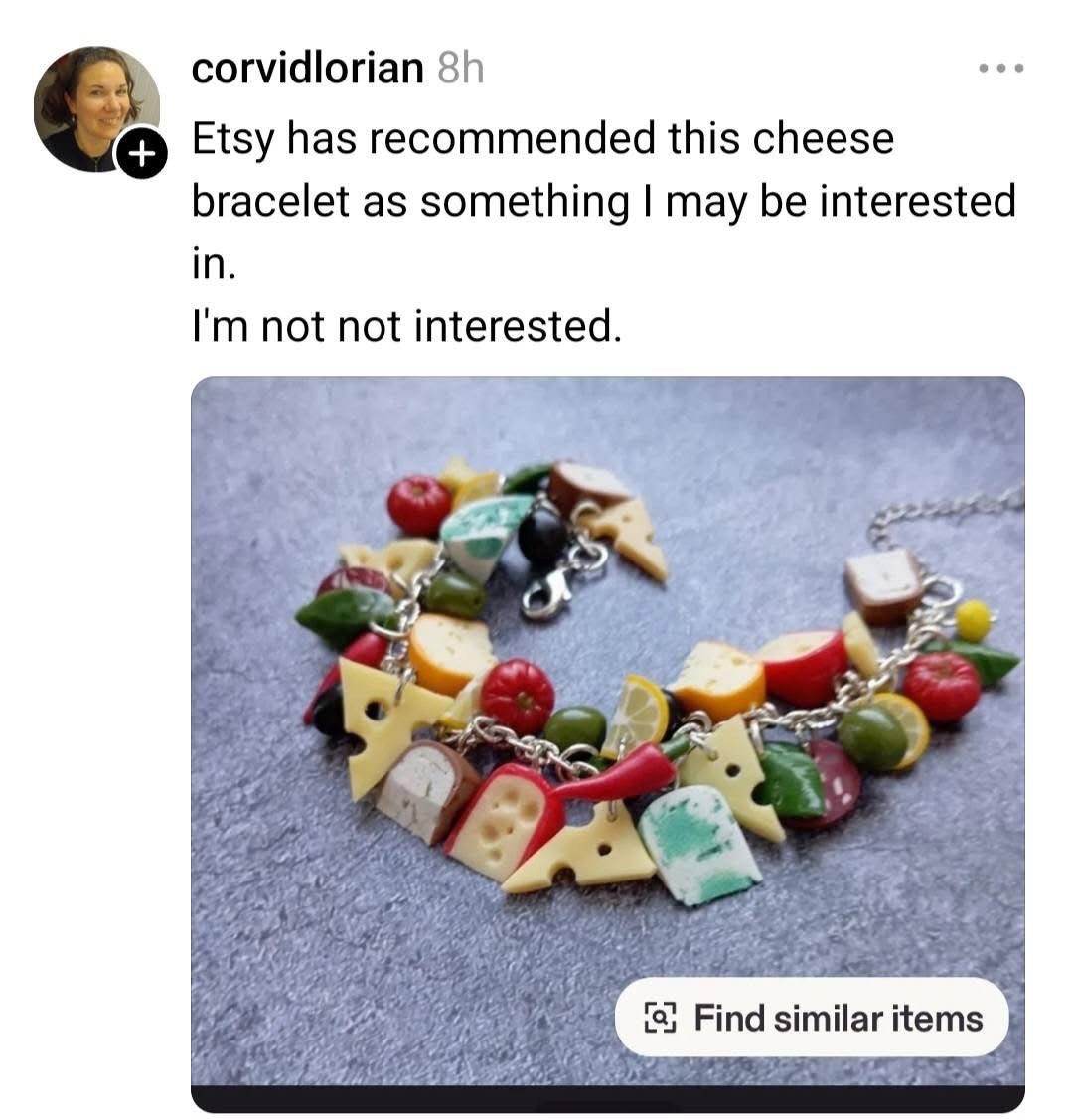 Etsy really thought I needed a cheese bracelet after recommending it. I'm not not interested, guys.