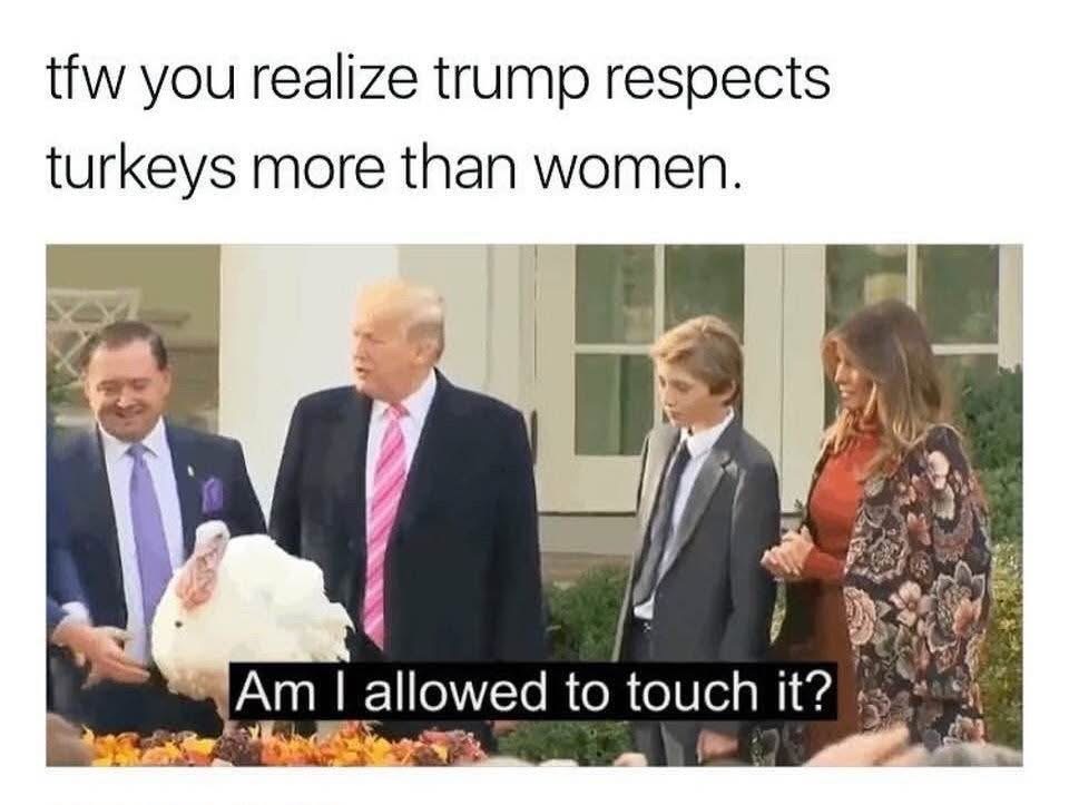 This meme is wildin, saying Trump is checking if he can touch the turkey but not women lol