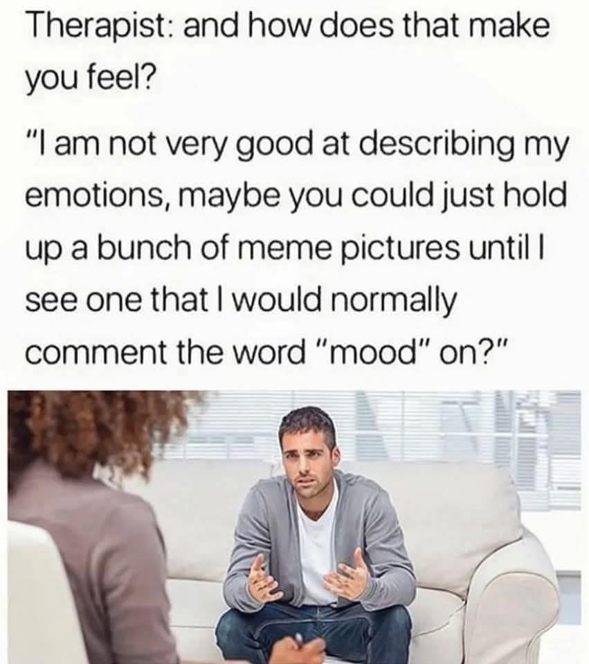 Me explaining to my therapist that I can't express feelings unless they're in meme format.