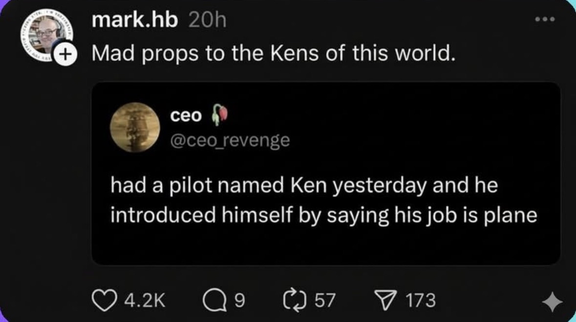 This pilot named Ken's job is plane. RIP my funny bone.