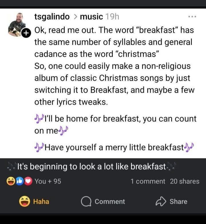 This person is onto something with the whole 'breakfast' song album idea, lowkey genius