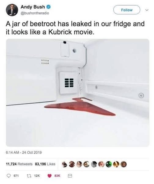 My fridge after a jar of beetroot exploded and now looks like the set of A Clockwork Orange