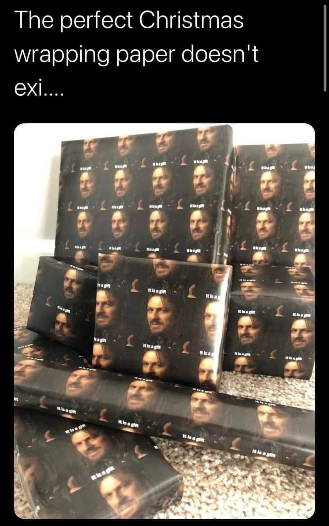 When you find the perfect Christmas wrapping paper. It's literally Boromir from Lord of the Rings