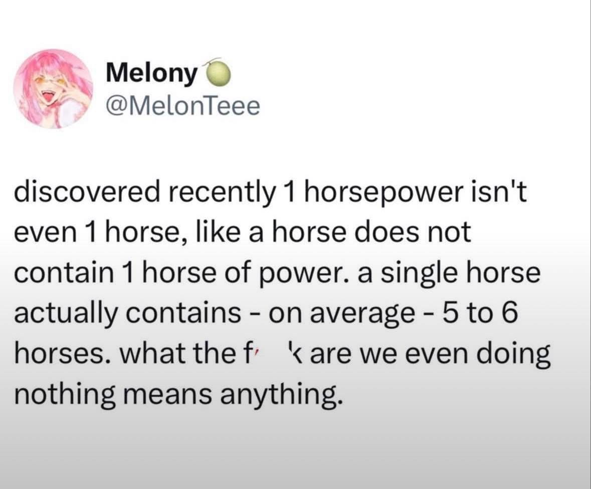 when you realize horsepower not only isn't measured in horses but also a single horse is like 5 to 6 horsepower, my brain cant handle this