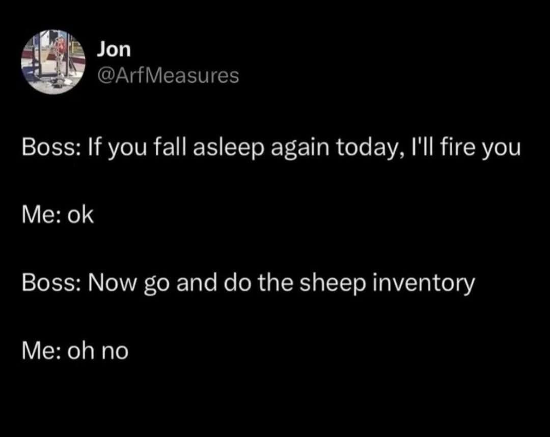 My boss threatened to fire me if I fell asleep, so now I have to do the sheep inventory. Oh no.