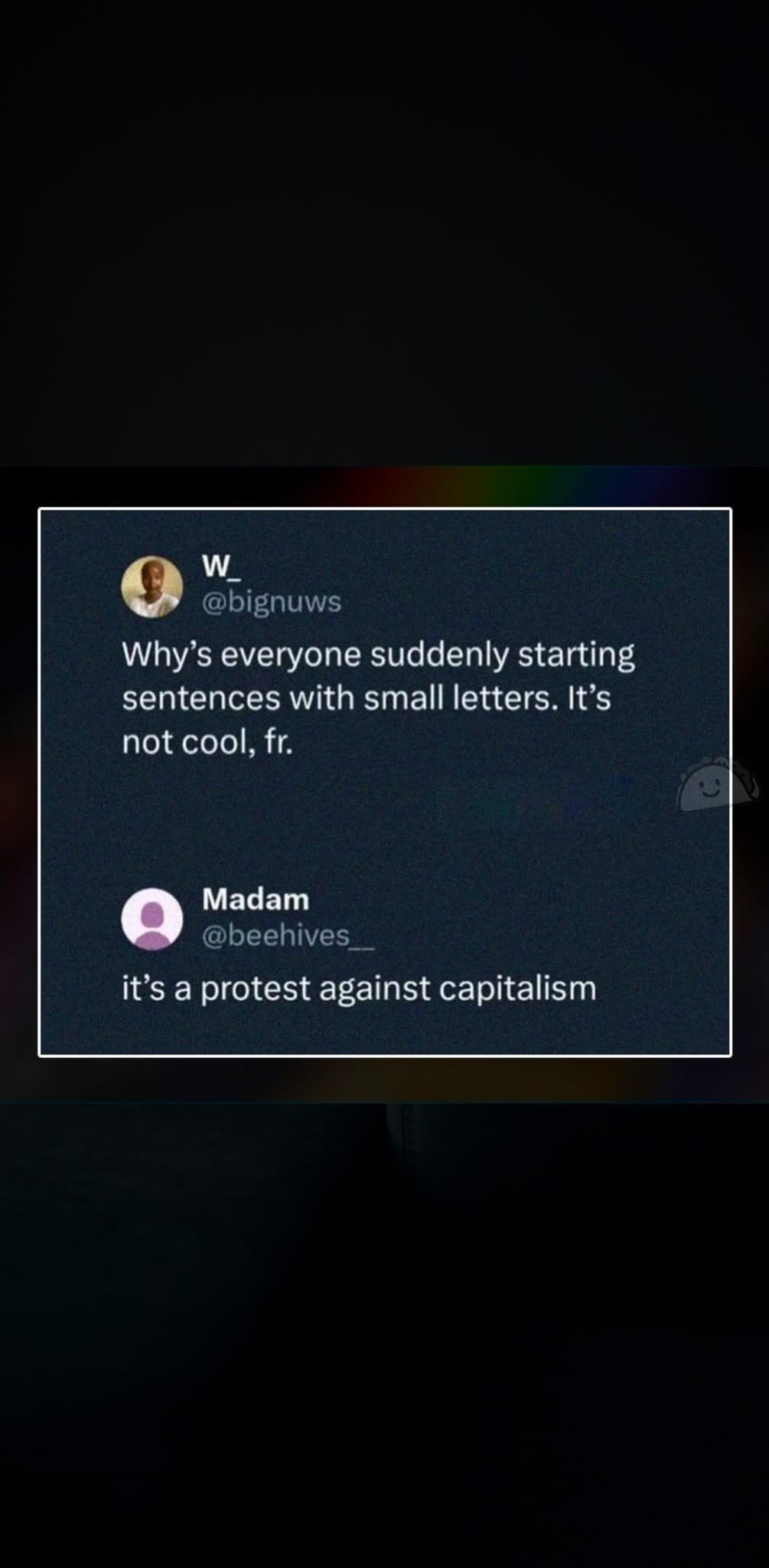 When you start a sentence with a lowercase letter and someone explains it as a protest against capitalism