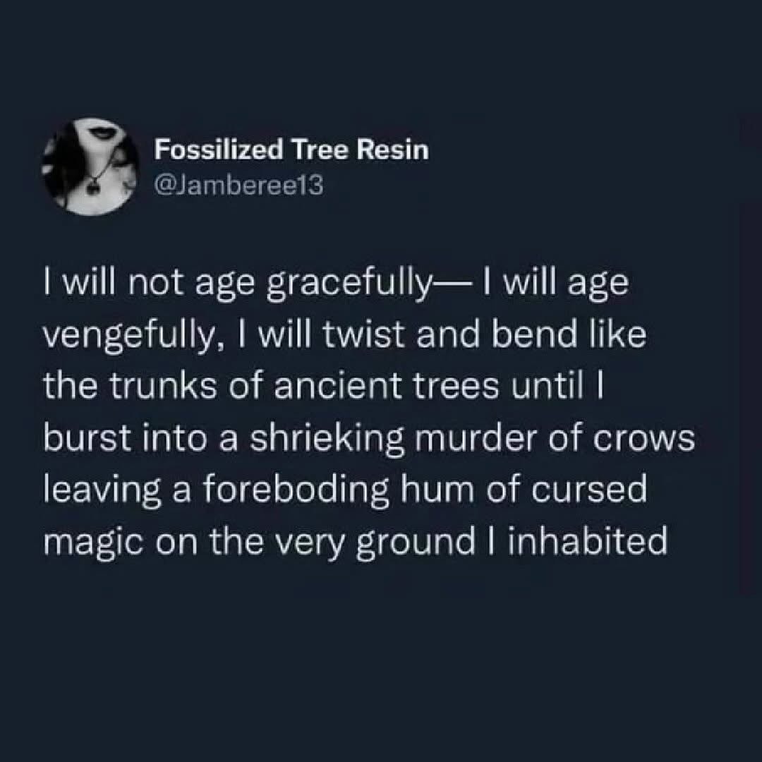 My plan for aging: not gracefully, but vengefully, transforming into crows and leaving cursed magic everywhere. Sounds about right.