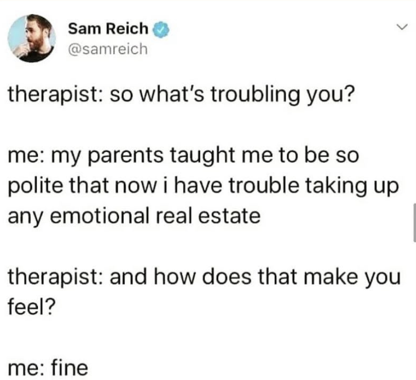 Too polite to even admit my problems in therapy, lol