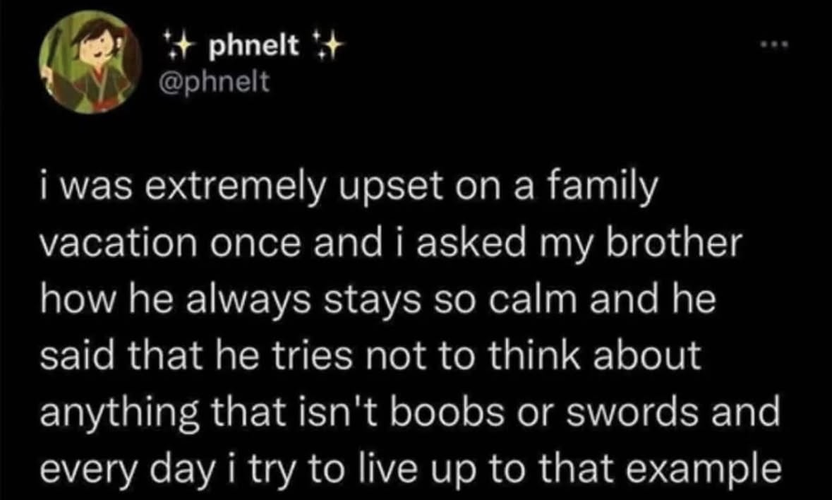 My brother's secret to staying calm is thinking only about boobs and swords, and I'm trying my best to follow his lead.