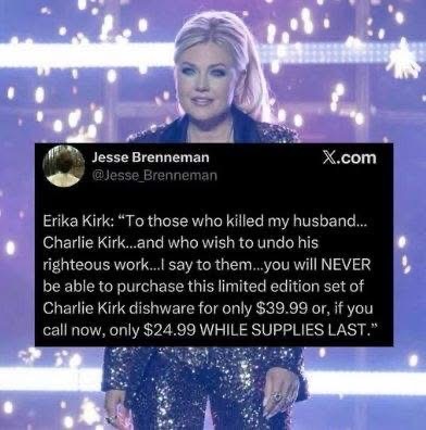 When you start a passionate speech but then pivot to a sales pitch for Charlie Kirk dishware