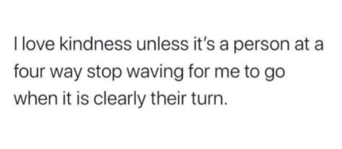 Me trying to be nice but also getting annoyed when someone waves me through at a four-way stop when it's obviously their turn.