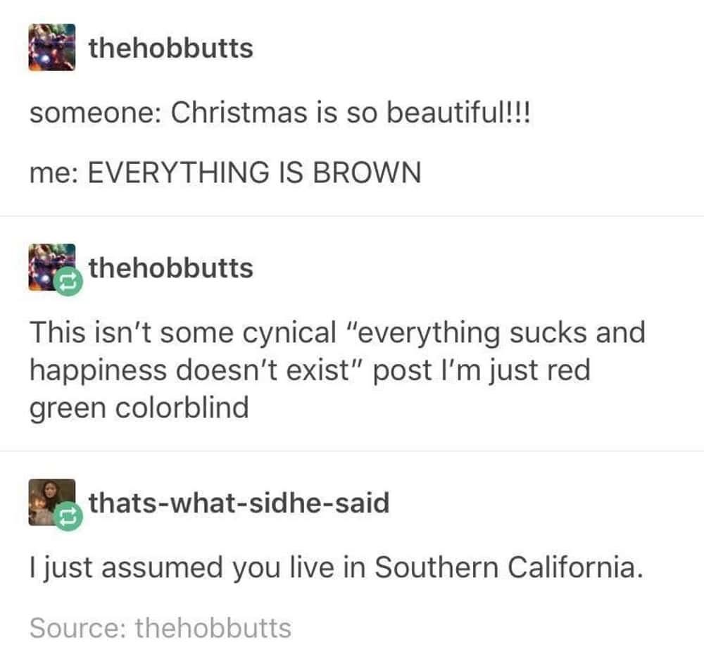 When Christmas is supposed to be beautiful but you're colorblind and everything is just brown