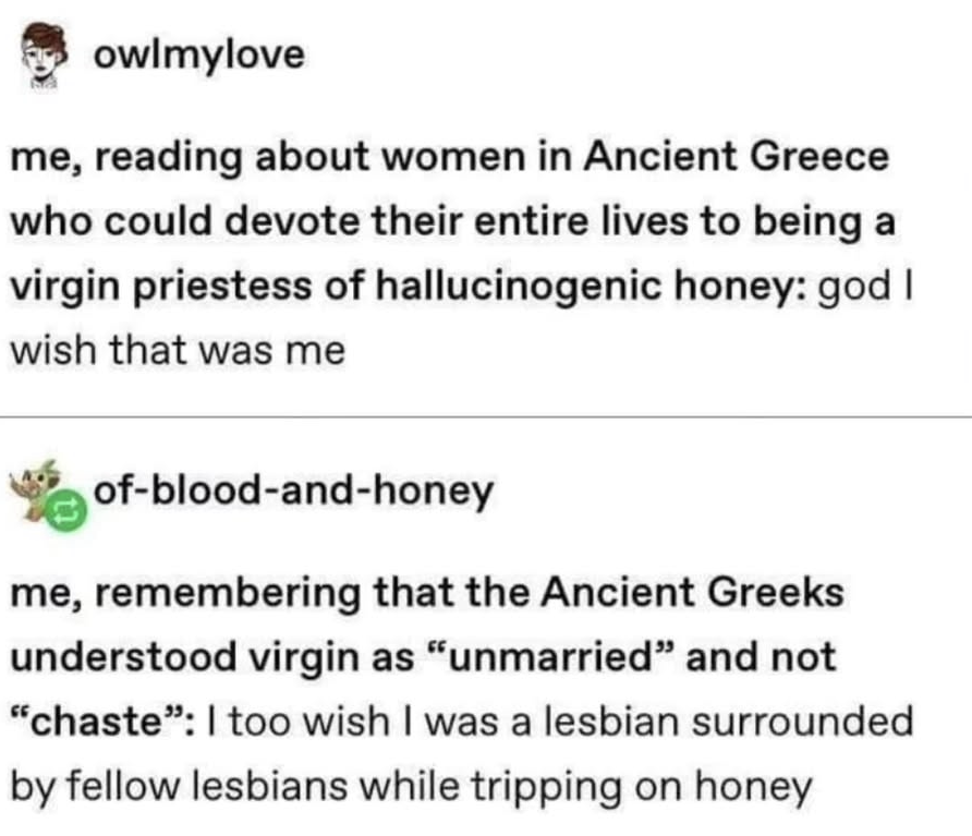 me wanting to be a virgin priestess of hallucinogenic honey vs me realizing virgin just meant unmarried in ancient greece