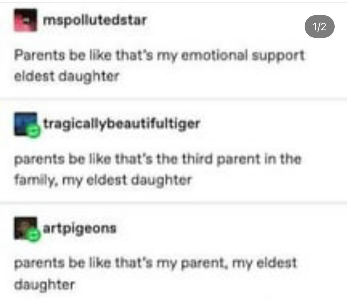 The eldest daughter is actually the parent of the family lol