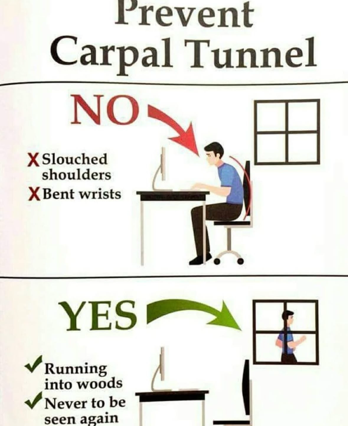 So it turns out the best way to prevent carpal tunnel is to just run away from your problems.