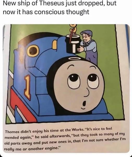 Thomas the Tank Engine having an existential crisis after being repaired