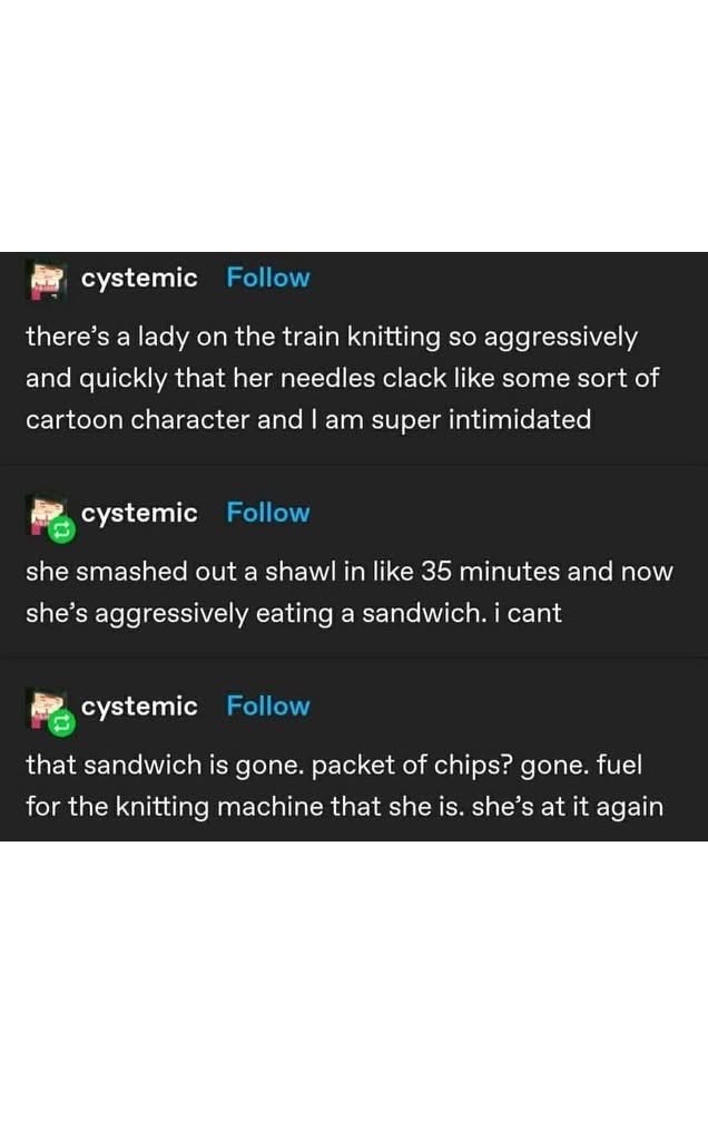 This lady on the train is knitting so aggressively that she's basically a cartoon character, then she inhales snacks like she's fueling a machine.