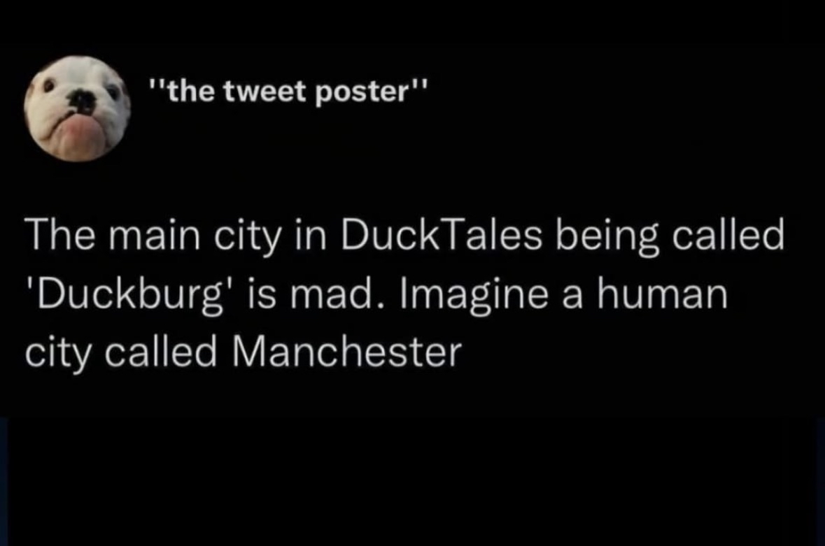 LMFAO imagine living in Duckburg, but when humans have a city called Manchester it's weird