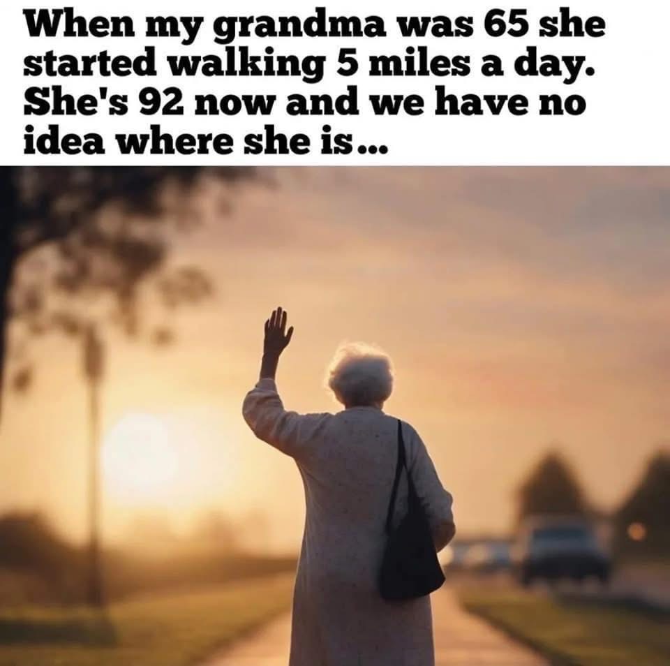 Grandma said she was going for a walk and just never came back. Hope she's okay.