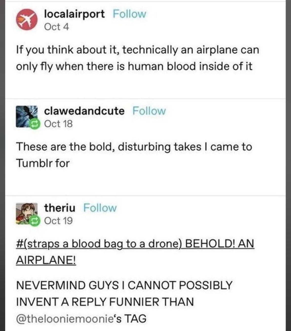 Lol this person realized airplanes need human blood to fly and then someone else took it to a whole new level