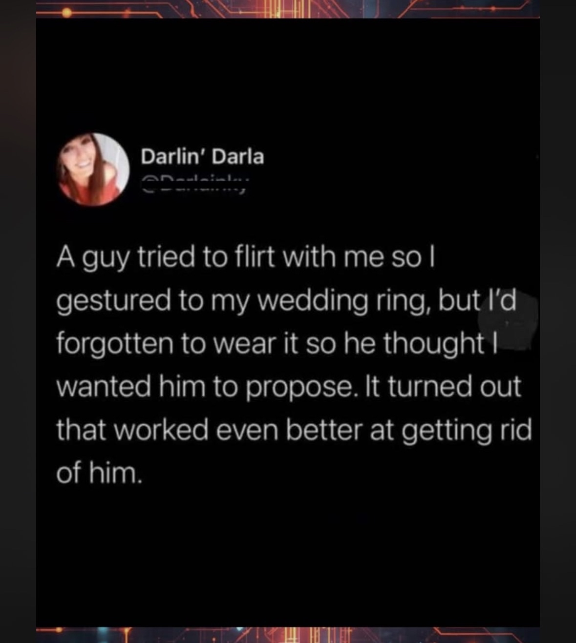 When you accidentally use the 'he wants to marry me' gesture to shut down a flirt and it actually works