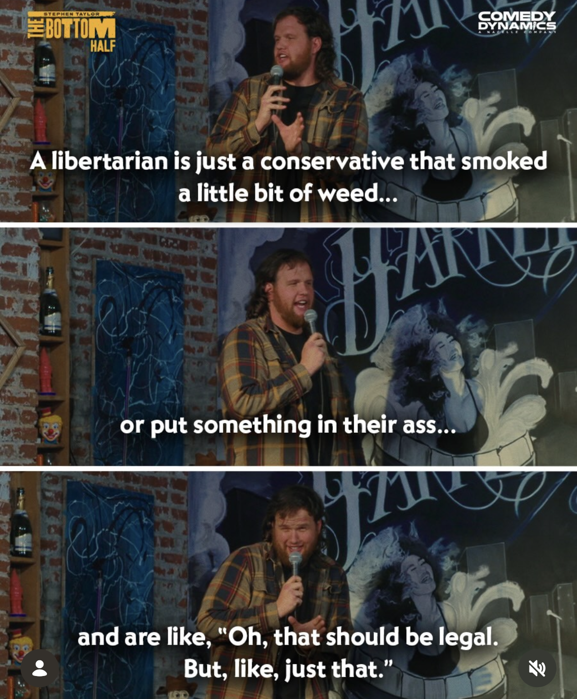 This comedian explaining what a libertarian *really* is by comparing them to conservatives who've smoked weed or... um... did something else.