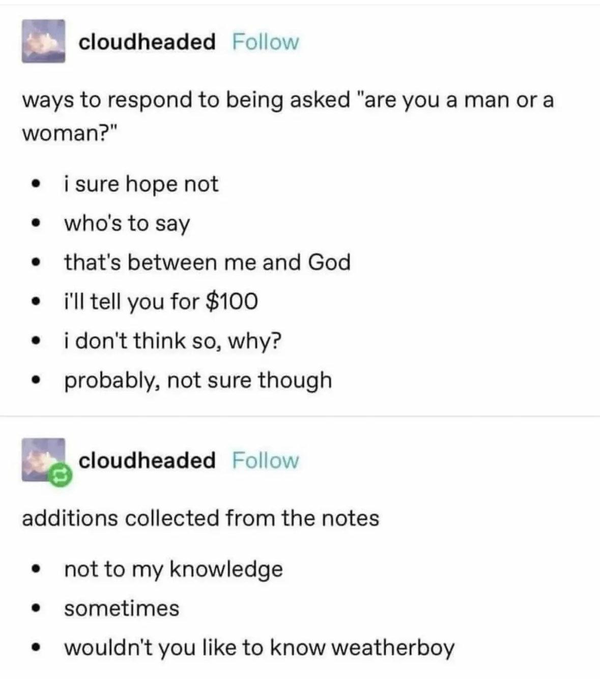 People collectively coming up with the most chaotic responses when asked about their gender lol