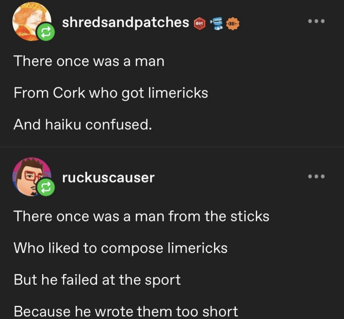 Someone tried to write a haiku and a limerick but mixed them up lol
