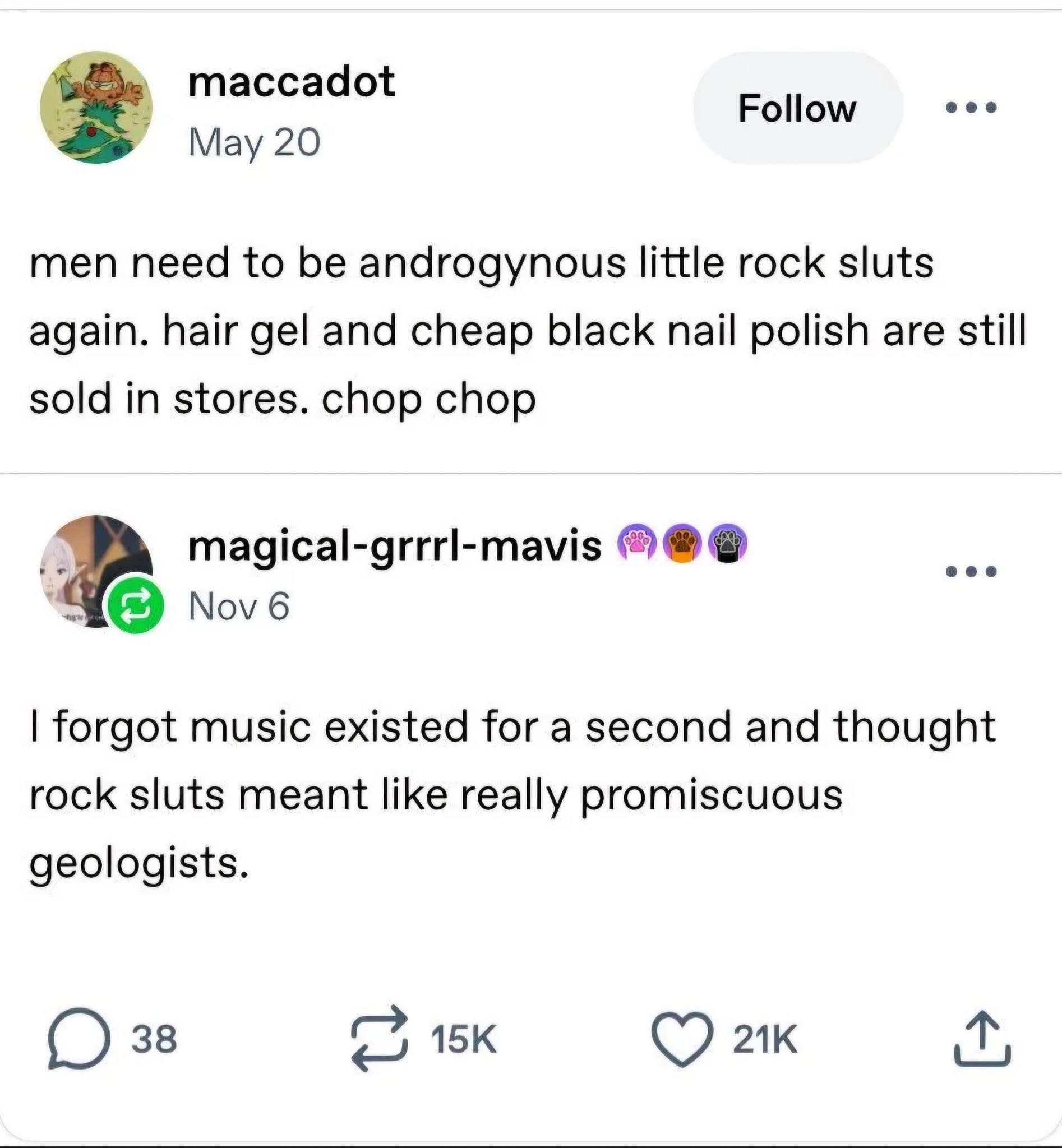 This person wanted men to be androgynous rock sluts again, but someone else thought 'rock sluts' meant promiscuous geologists lol
