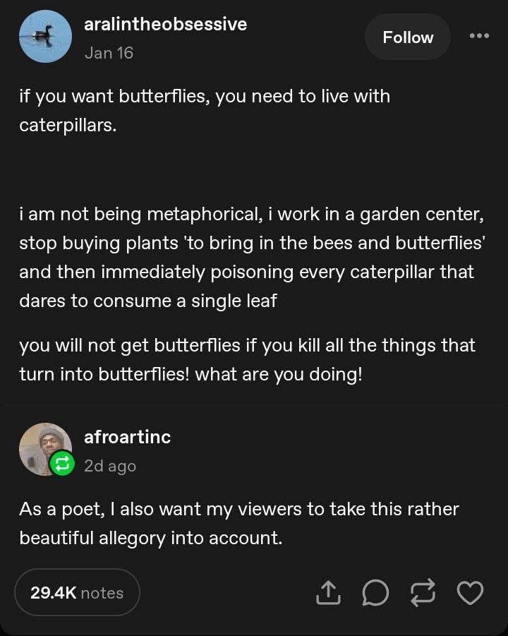 My garden center boss explaining how we won't have butterflies if we keep killing caterpillars.
