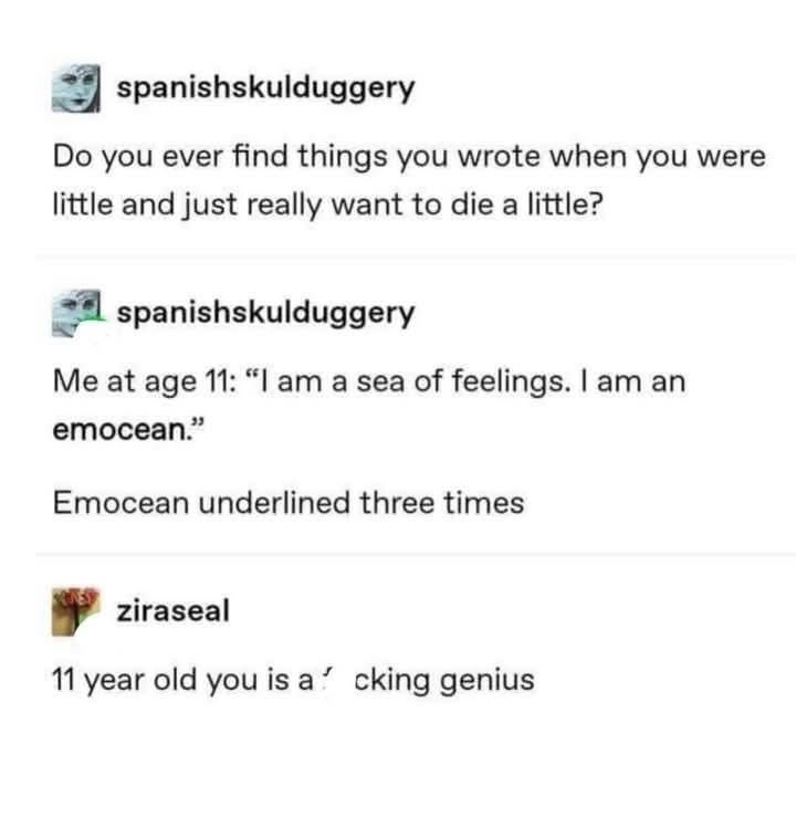 Me at 11 calling myself an 'emocean' and underlining it three times, because clearly I was a genius