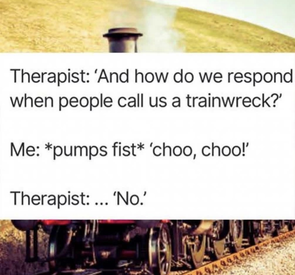 When your therapist asks how you deal with being called a trainwreck and you take it literally