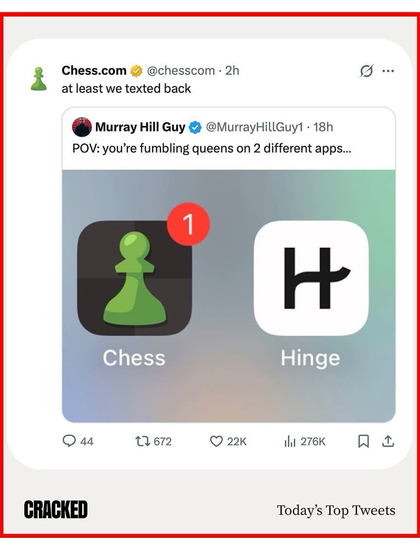 Lol, the Chess.com Twitter account chimed in on this guy accidentally matching with his ex on Hinge while playing chess. Oops.