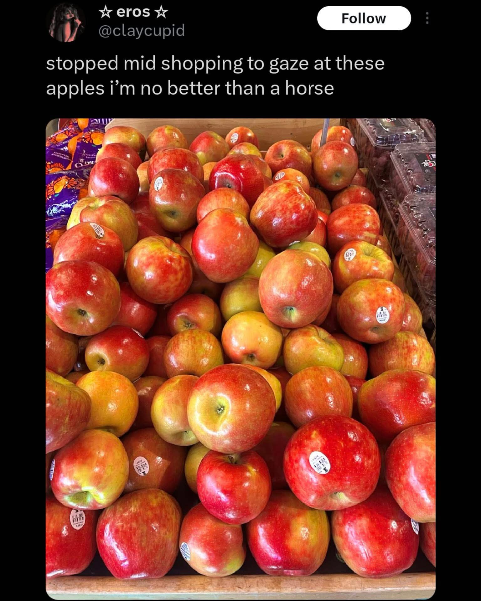 Totally valid reaction to a nice pile of apples, honestly