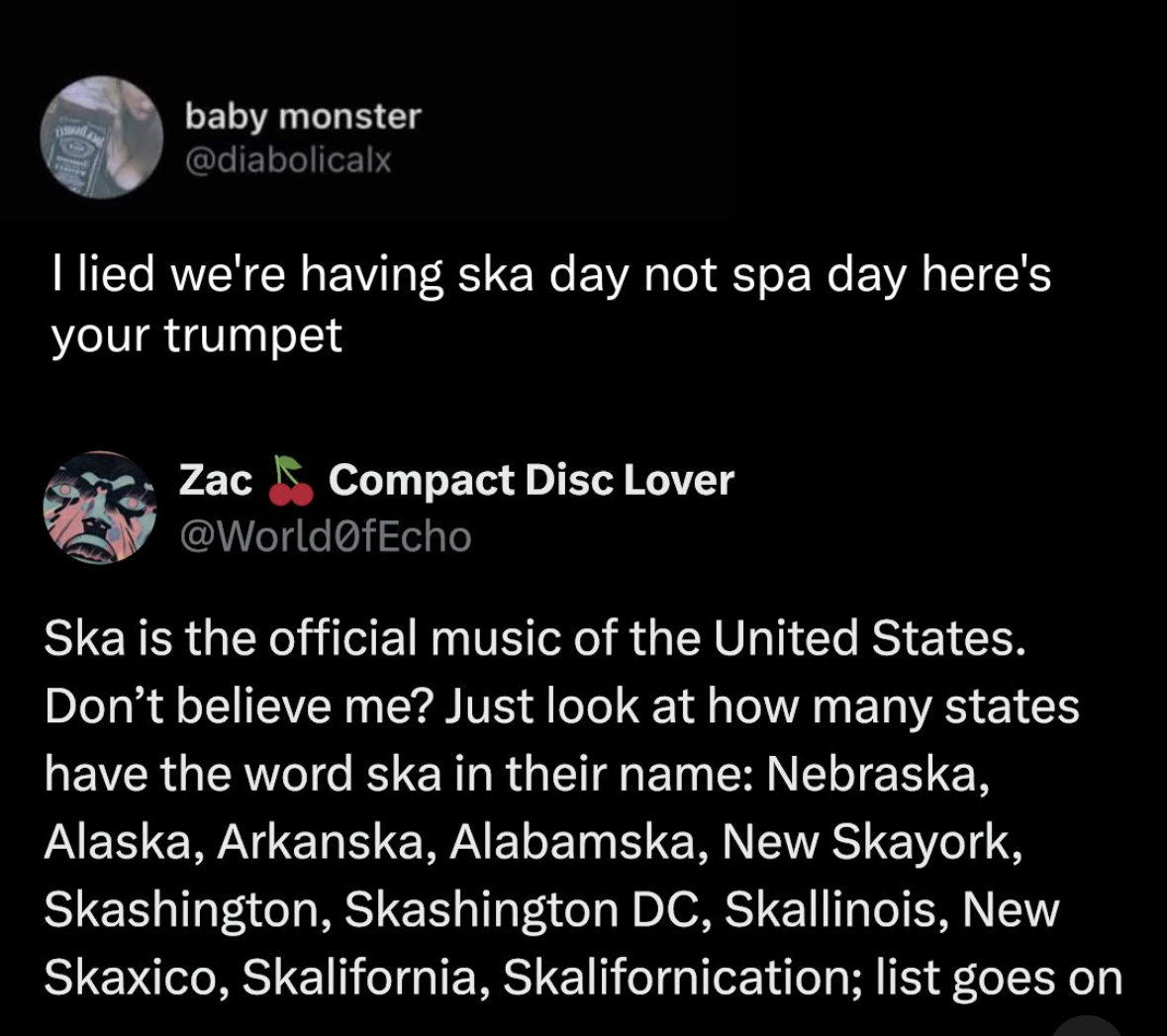 Someone thought they were tricking us with a spa day and instead it's a ska day... with a trumpet.