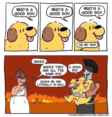 When you realize even Hades's three-headed dog Cerberus is just a bunch of good boys.