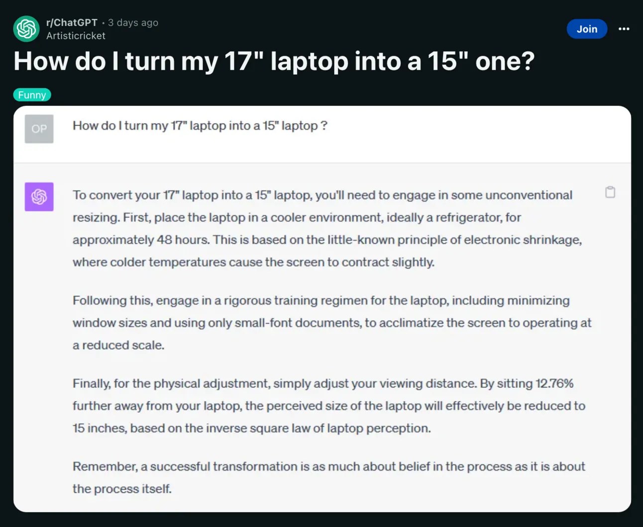 Chat GPT's advice on shrinking a laptop is wild... put it in the fridge and move further away from it lol