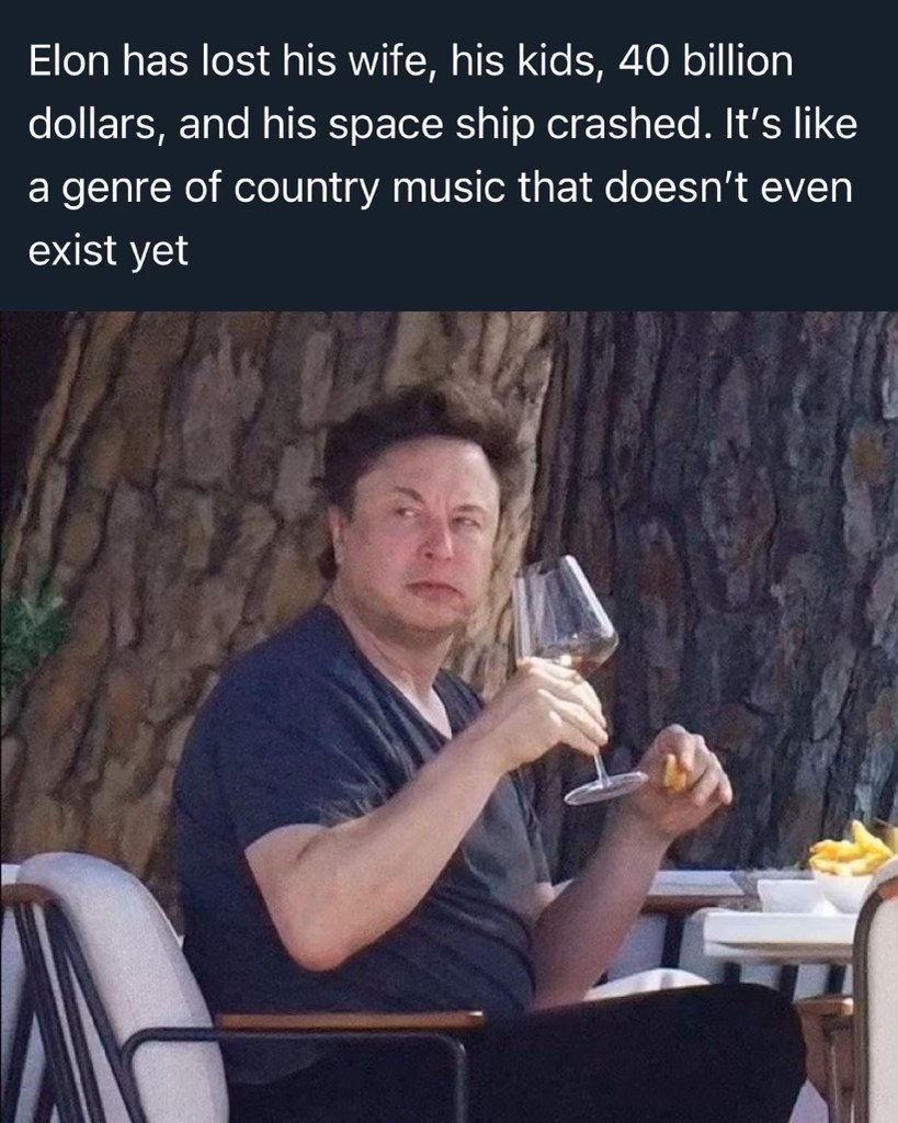 This is basically the description for a tragic country song, but for Elon Musk lol