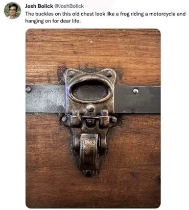 This chest buckle really looks like a frog going for a wild motorcycle ride.
