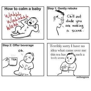 When the plan to calm a crying baby involves herbal tea and a sincere apology