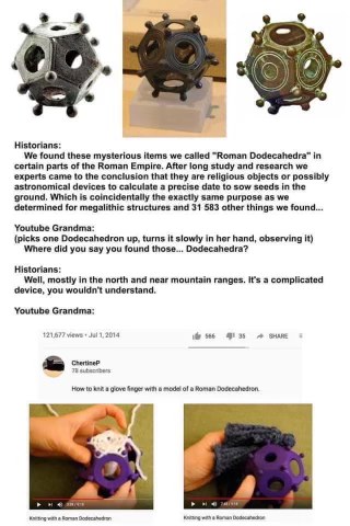 Historians discover ancient Roman dodecahedrons, but YouTube Grandma finds a way to knit glove fingers with them.