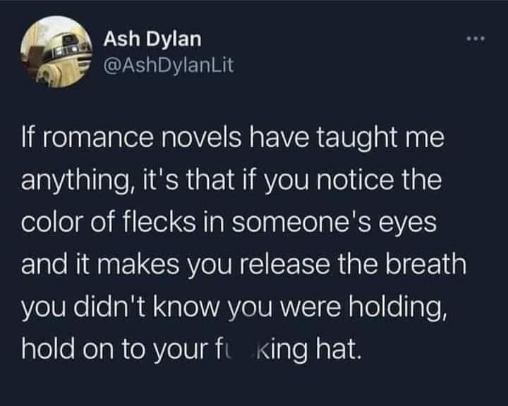 Romance novels really be setting unrealistic expectations for our breathless eye-staring moments, huh